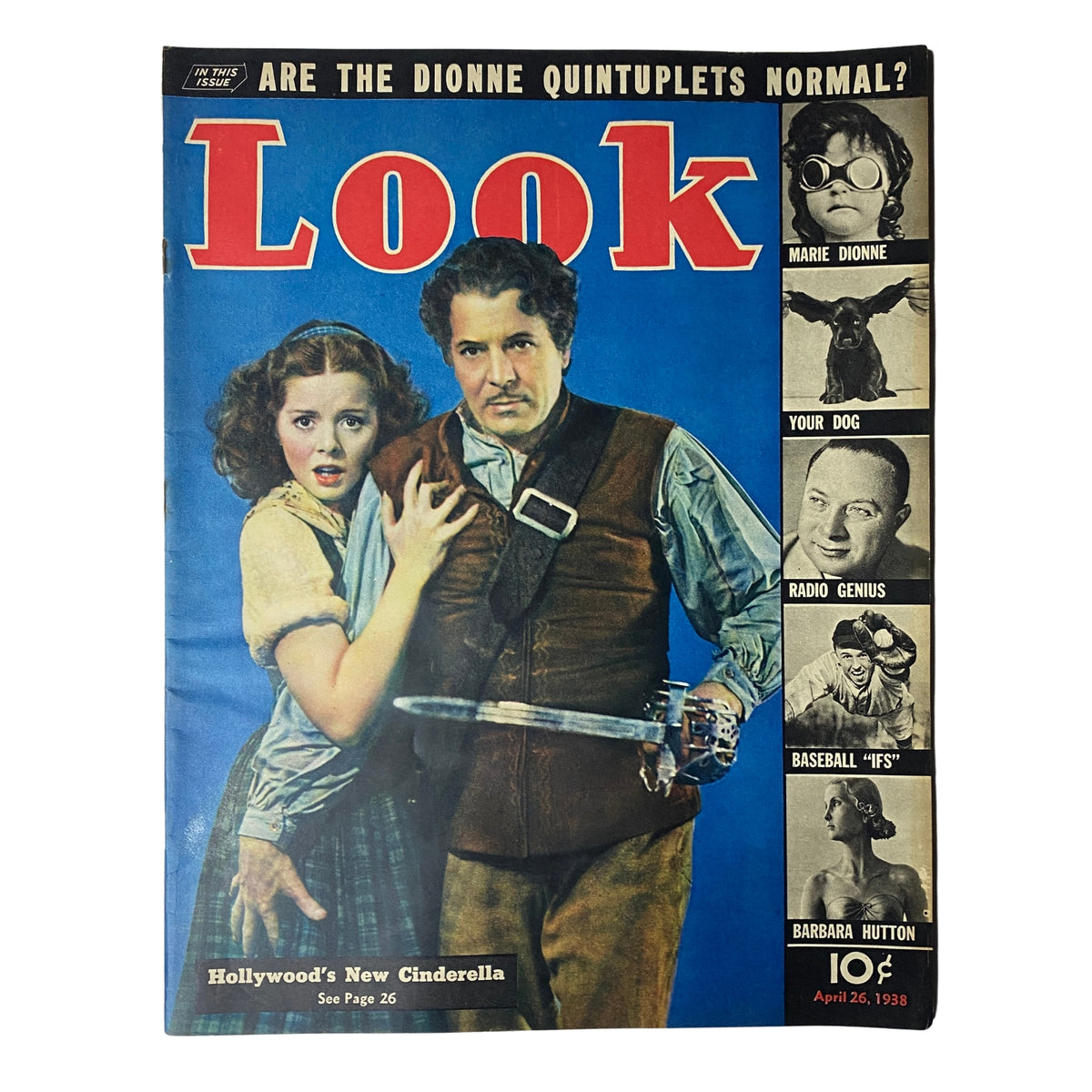 Cover of Look Magazine dated April 26, 1938, titled 'Hollywood's New Cinderella', featuring a dramatic illustration with a young woman and a man holding a sword. The magazine promotes fascinating content from the 1930s, including Hollywood star profiles.