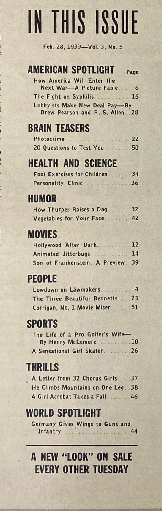 Contents page of Look Magazine dated February 28, 1939, featuring articles including a preview of Son of Frankenstein, and topics on health, humor, and sports.