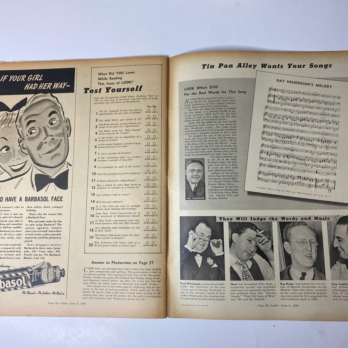 Look Magazine June 6, 1939 Adolf Hitler - A Picture Biography, showcasing a test yourself section with humorous graphics and questions, in very good condition.