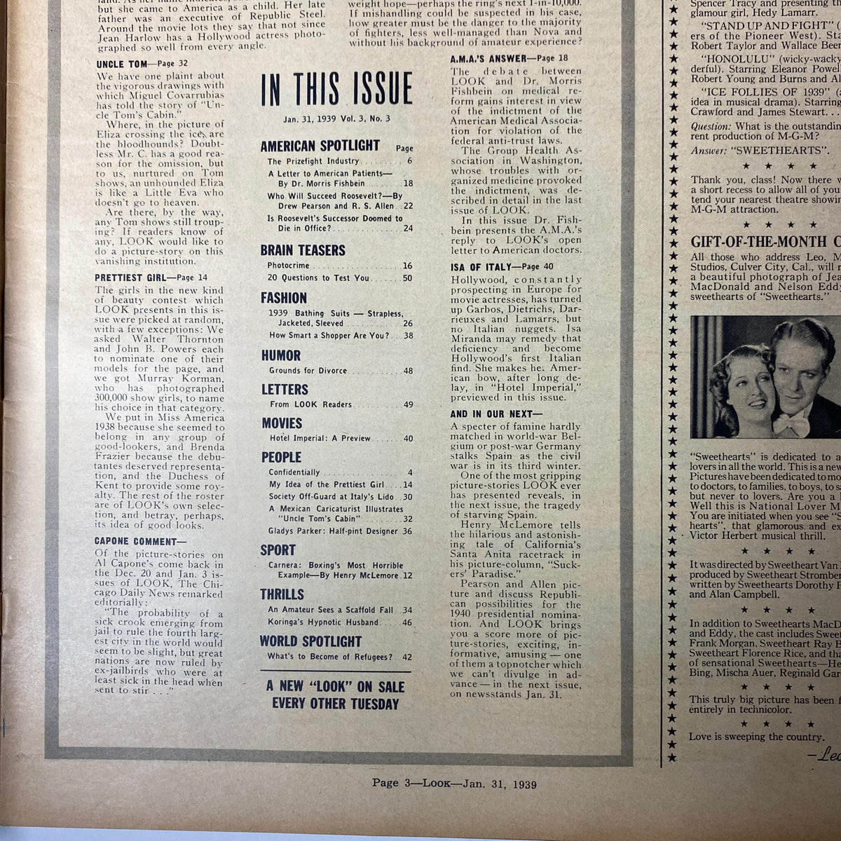 Table of contents page from Look Magazine, January 31, 1939, listing features including 'American Spotlight,' 'Fashion,' and 'Humor,' highlighting the contents of the issue.