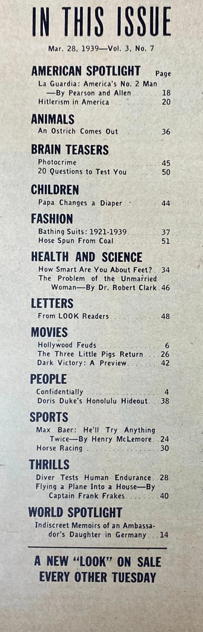 Table of contents from Look Magazine, March 28, 1939, listing articles including features on La Guardia, Hollywood feuds, and various cultural topics.