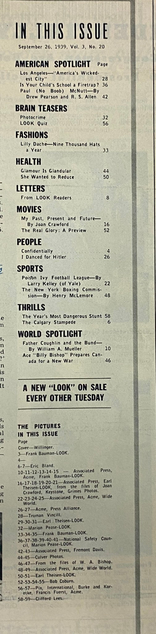 Table of contents for Look Magazine, September 26, 1939, detailing featured articles including Joan Crawford's 'My Past, Present and Future', and topics on American culture during World War II.