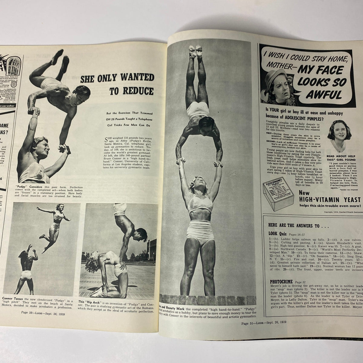Look Magazine September 26, 1939, featuring a page with a fitness article centered on strength exercises and routines, showcasing athletic individuals performing gymnastic feats, emphasizing health and physical appearance.