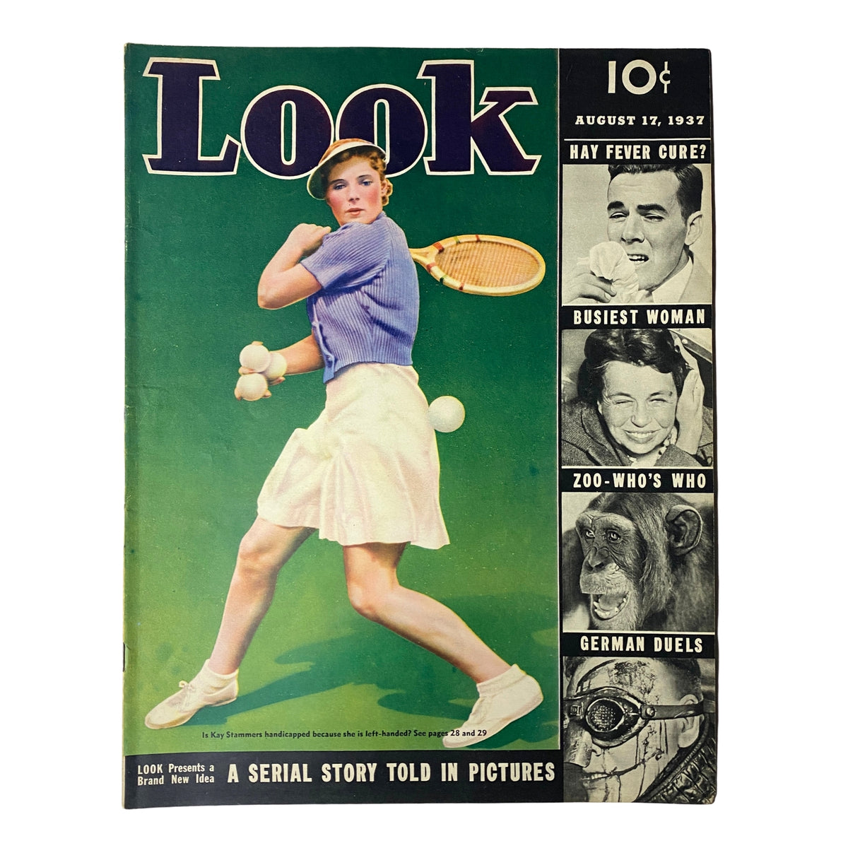 Cover of Look Magazine from August 17, 1937 featuring Kay Stammers playing tennis, highlighting her prominence as a leading athlete.