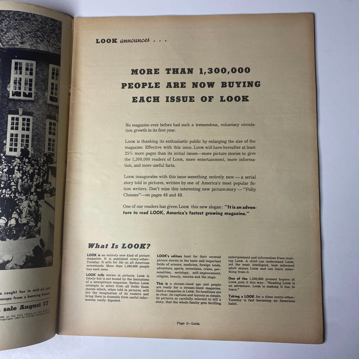 Inside page of Look Magazine August 17, 1937 announcing that over 1,300,000 people are now buying each issue, discussing the magazine's expansion.