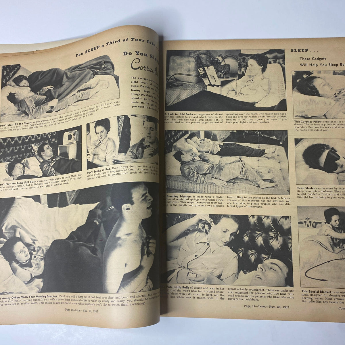 Another page from Look Magazine dated November 23, 1937, discussing sleep-related habits and gadgets, featuring images of individuals in various sleeping poses and advice for improving sleep quality.