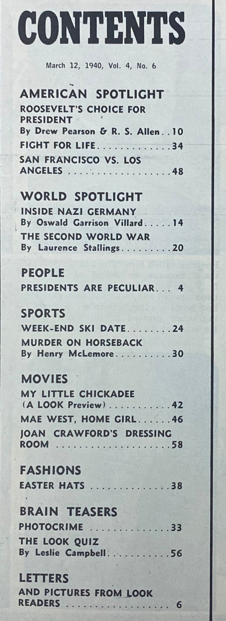 Table of contents for Look Magazine, March 12, 1940, detailing features such as Roosevelt's Choice for President and Joan Crawford's Dressing Room.