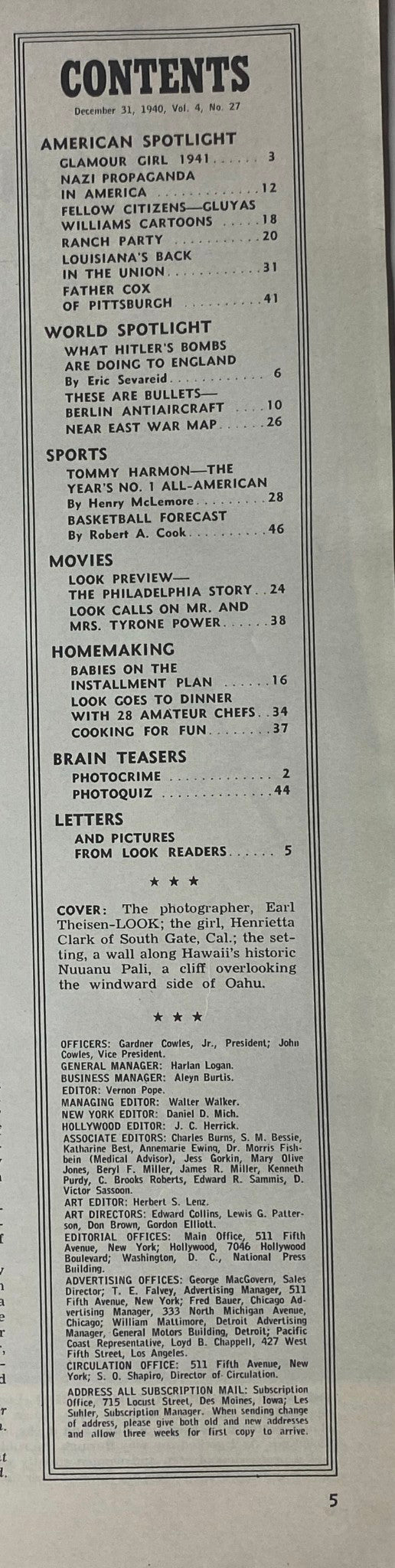 Contents page of Look Magazine December 31, 1940 detailing articles including feature stories on American life, politics, and sports, providing an overview of the issue's highlights.