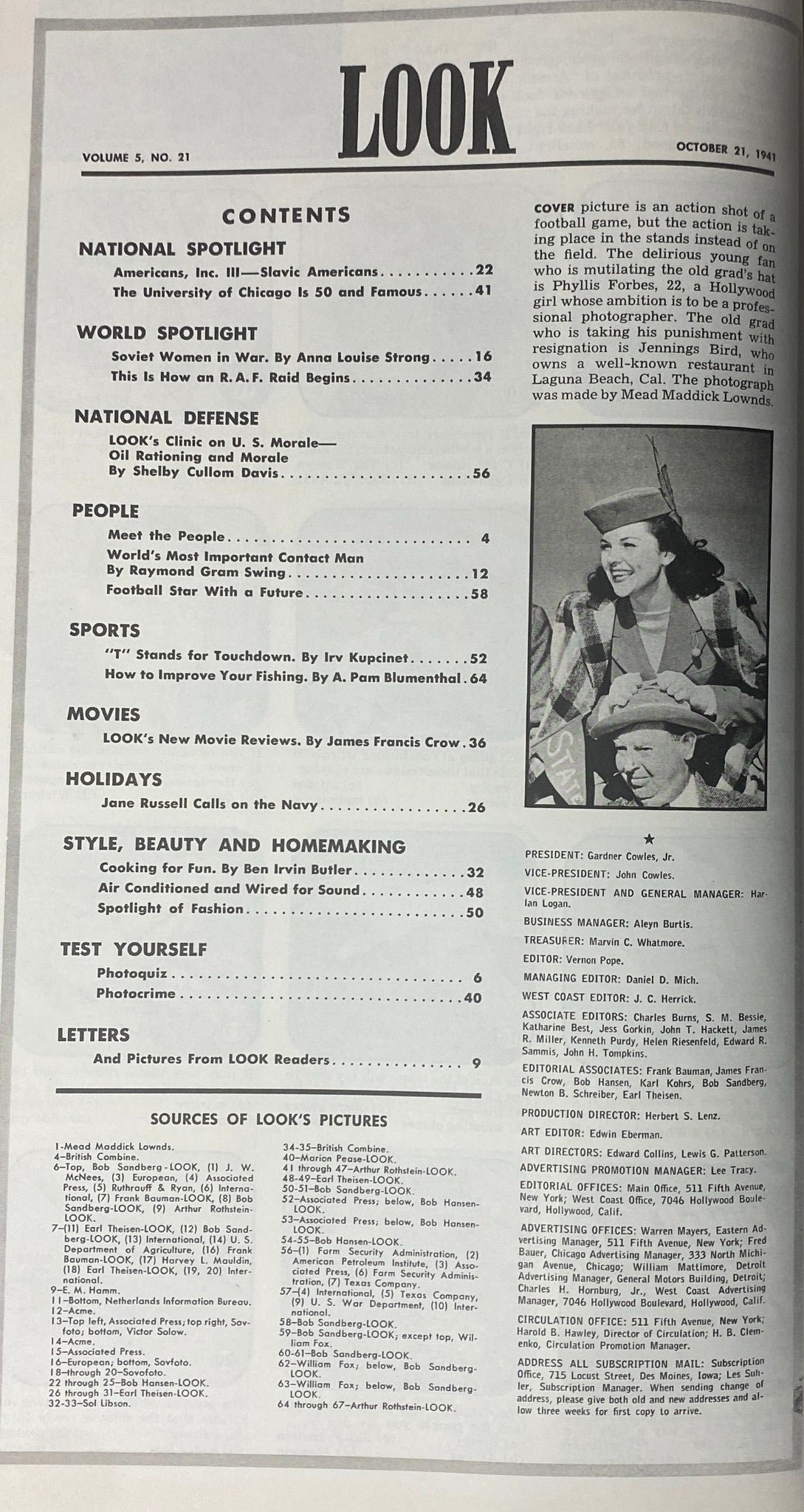 Table of contents page from Look Magazine, October 21, 1941, detailing feature articles including 'Soviet Women in War' and 'Jane Russell Calls on the Navy,' highlighting wartime themes and cultural insights.