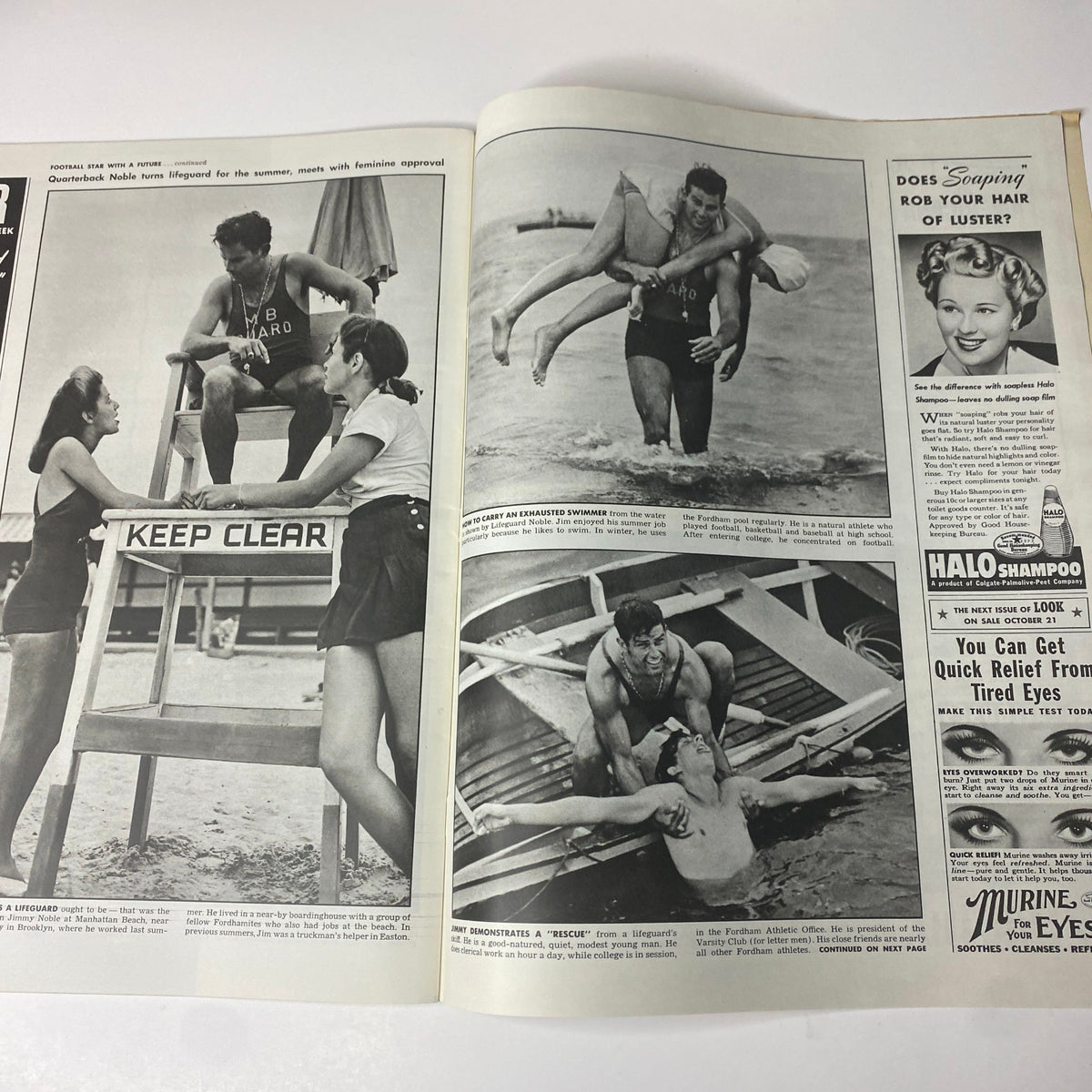 Look Magazine October 21, 1941 highlighting a summer scene with lifeguards, athletes in competitive poses, and playful beach activities, evoking a sense of leisure and fun.
