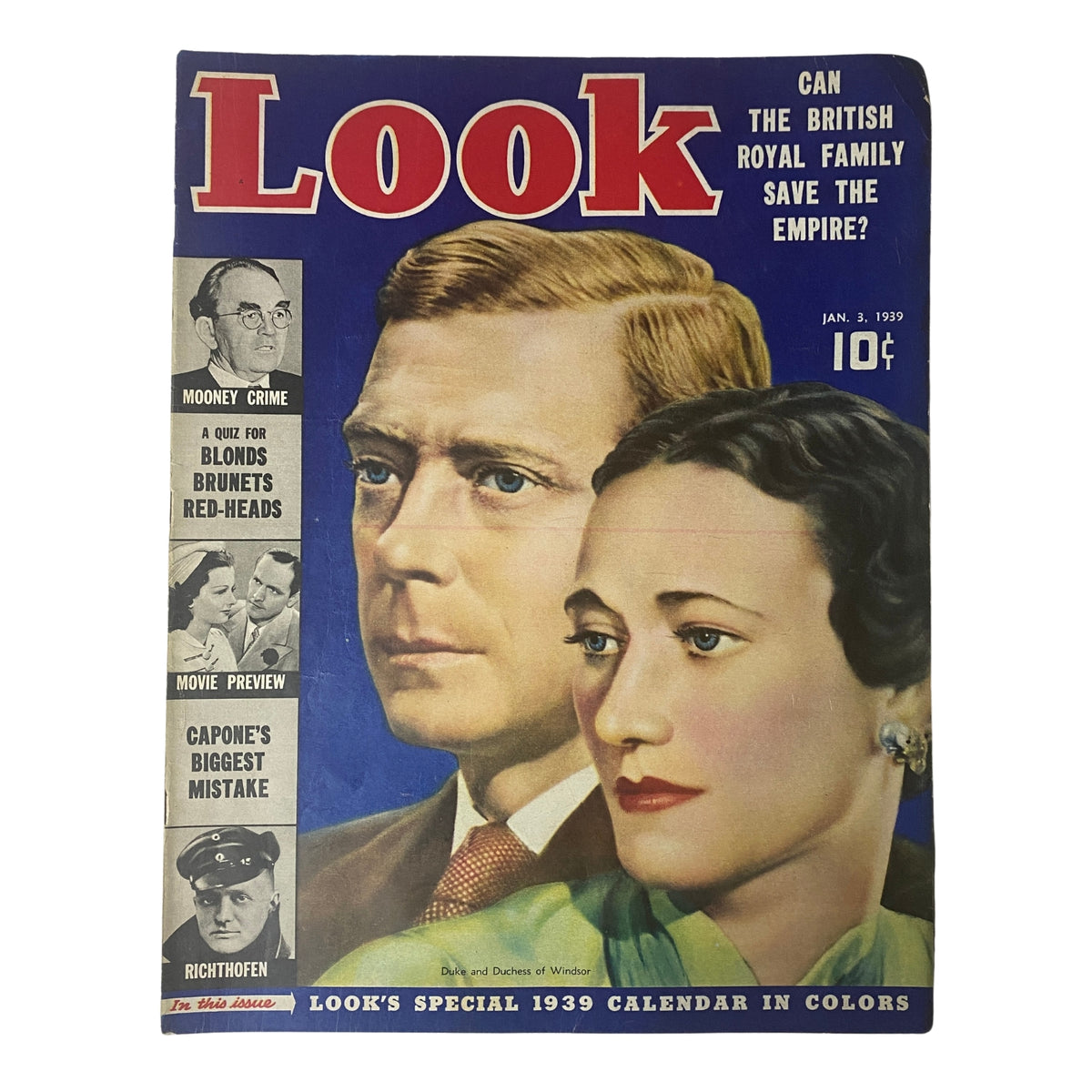 Look Magazine cover from January 3, 1939 featuring the Duke and Duchess of Windsor, depicting a historical moment in British royalty with a striking image and bold headlines.