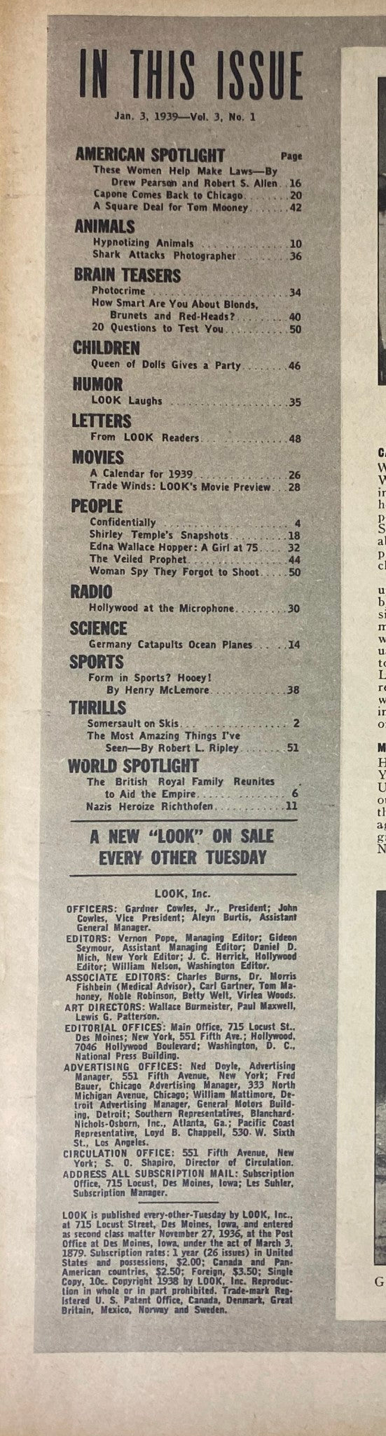 Inside page of Look Magazine from January 3, 1939, listing the contents of the issue, highlighting articles and features related to politics, entertainment, and culture.