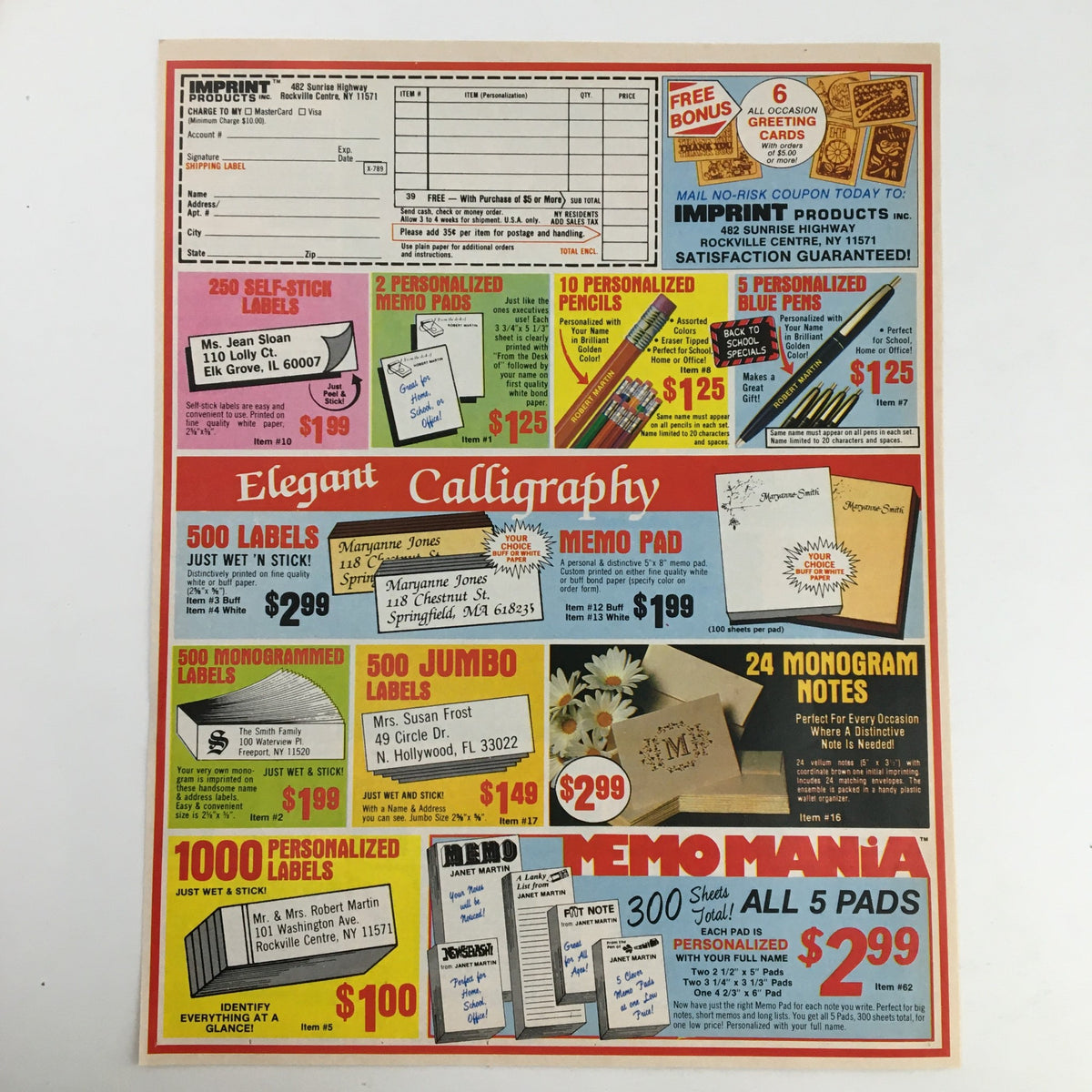 Advertisement showcasing various personalized stationery products including calligraphy memo pads and labels, priced for consumers, with vibrant graphics and clear product descriptions.