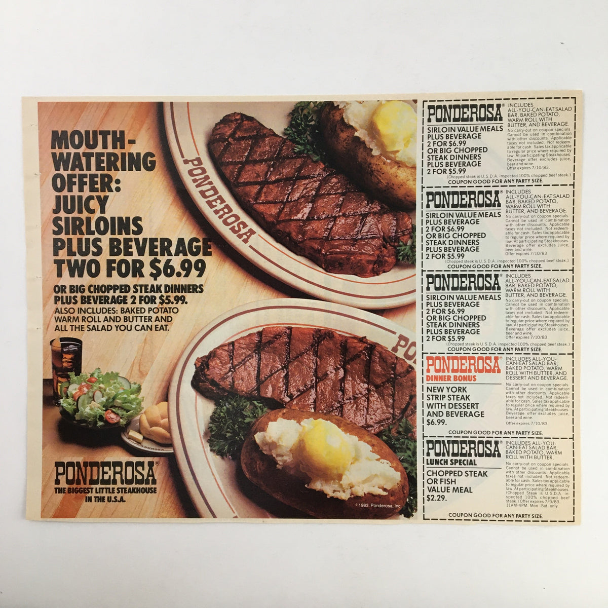 1983 Ponderosa Steakhouse advertisement for mouth-watering offers on juicy sirloin dinners plus beverages for $6.99, showcasing plates of steak and sides, in good condition.