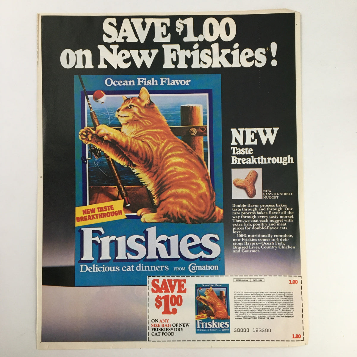 1983 Friskies Cat Food Advertisement highlighting a new taste breakthrough for Ocean Fish flavor, featuring a playful cat and a coupon for $1 off new Friskies dry cat food, reflecting vintage advertising styles.