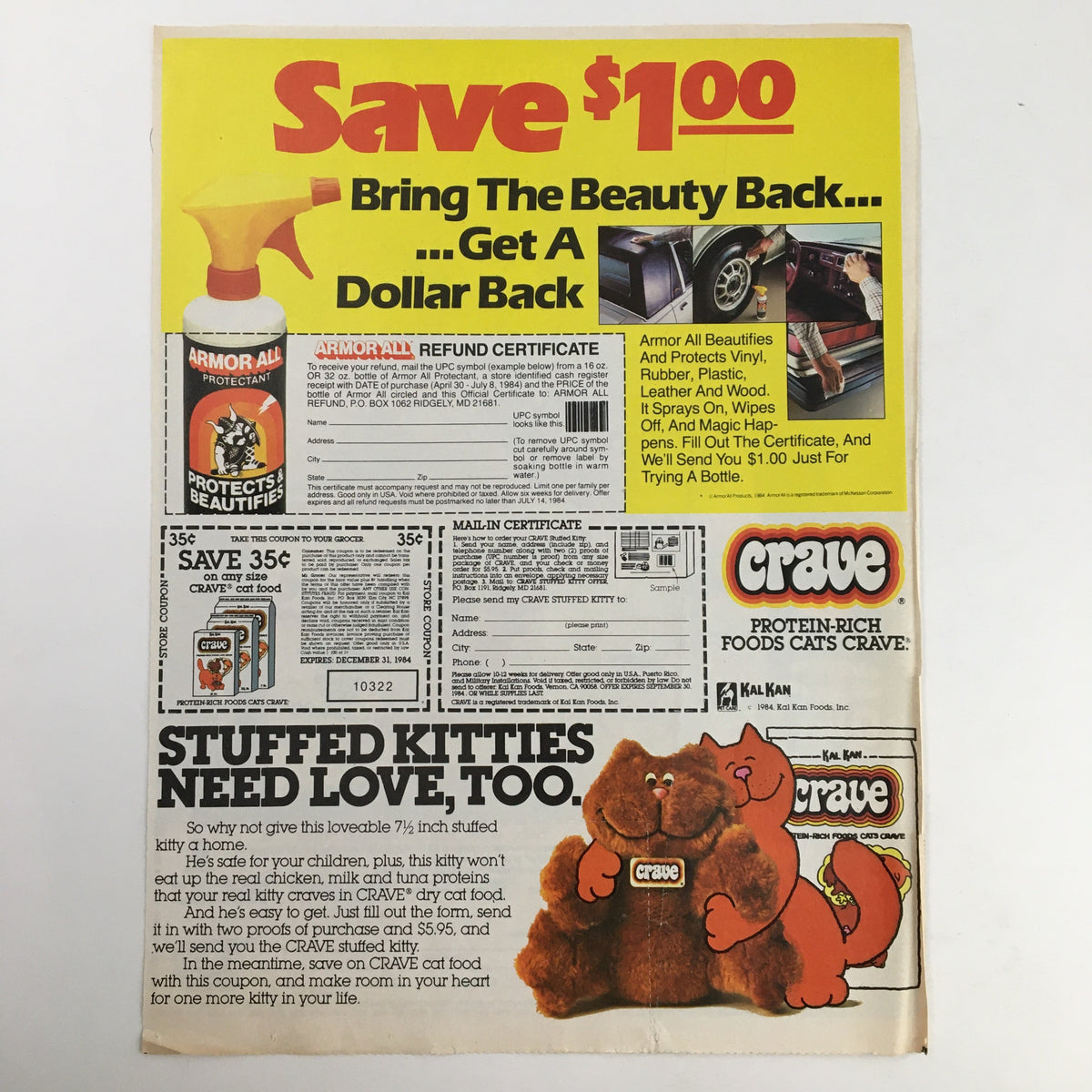 An additional advertisement featuring savings and promotions, highlighting a $1 off coupon for Armor All Protectant and a special offer for Crave cat food, emphasizing family-friendly products.