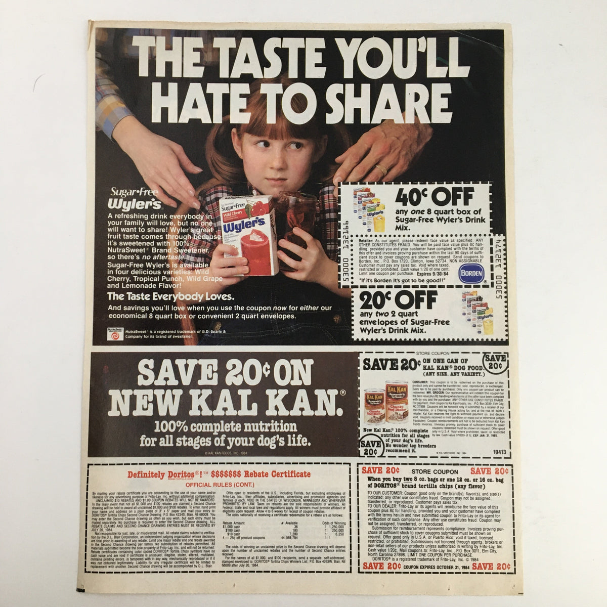 1984 Doritos Brand Tortilla Chips Circular Coupon Advertisement featuring a family sharing a drink and various coupons including savings for Doritos. Original magazine advertisement with details on expired coupons.