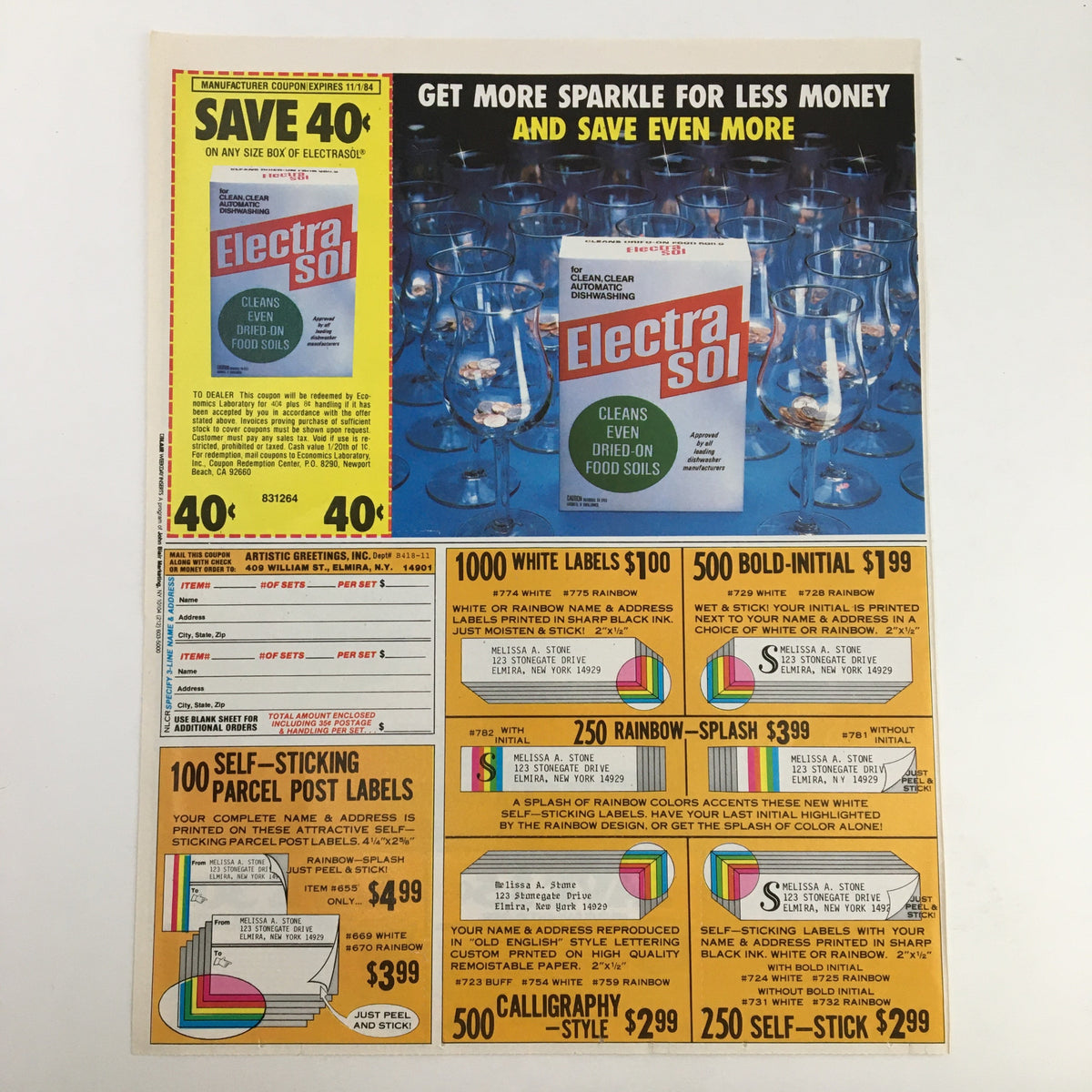 Electra Sol Advertisement offering a 40 cent discount on dish detergent, alongside various labels and stickers for sale, providing savings on cleaning supplies.
