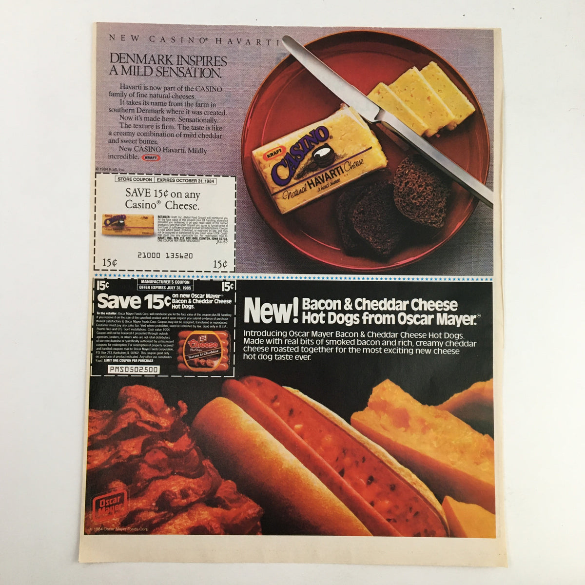Promotional advertisement for Casino Havarti Cheese and Oscar Mayer Bacon & Cheddar Cheese Hot Dogs, offering deals and savings, alongside a serving suggestion of cheese and hot dogs.