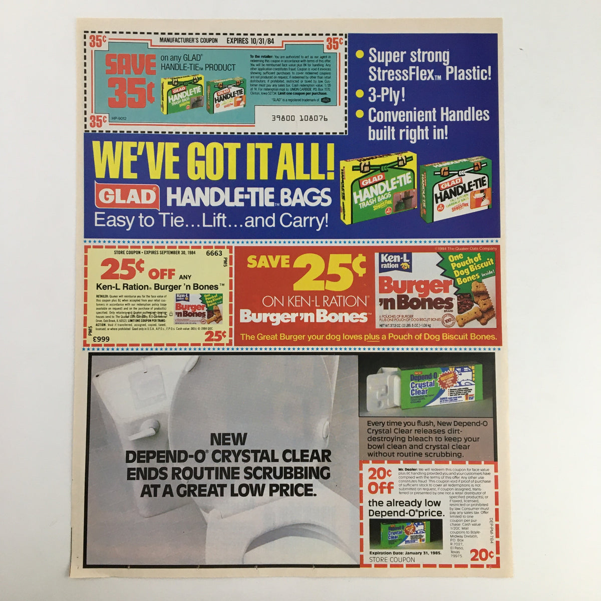 1984 advertisement featuring various products including Glad Handle-Tie Bags and Ken-L Ration Burgers, with promotions and prices, showcasing consumer goods alongside the 1984 Maxwell House Master Blend Coffee Circular Coupon Advertisement.