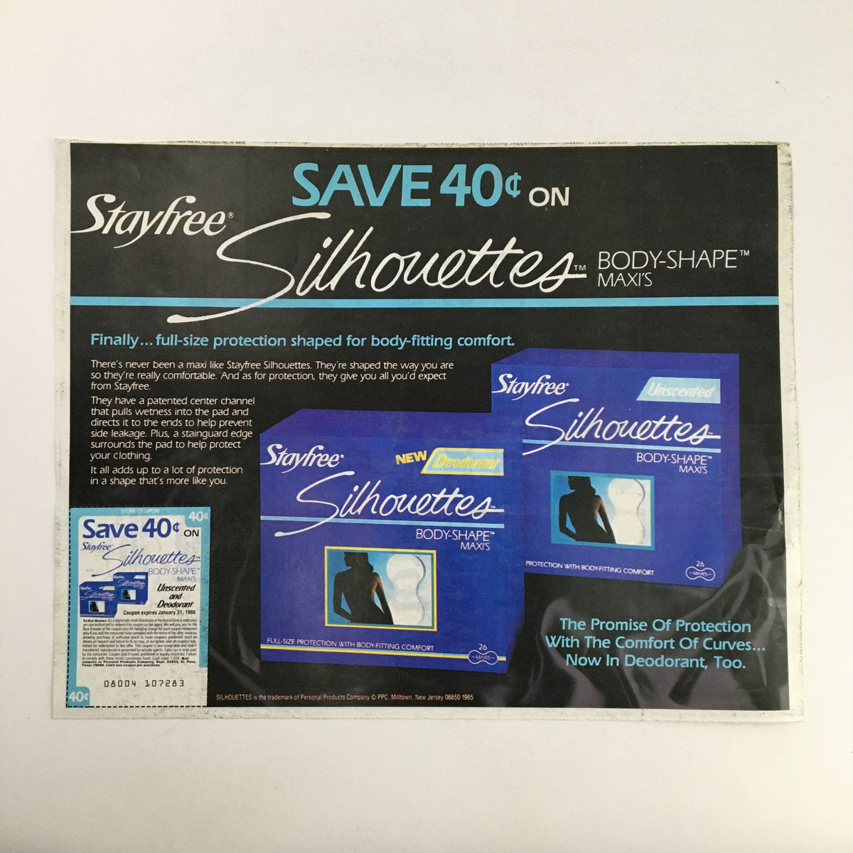 1984 Stayfree Silhouettes Body-Shape Maxis Coupon Advertisement promoting savings of 40 cents, showcasing the product packaging and emphasizing comfort and protection.