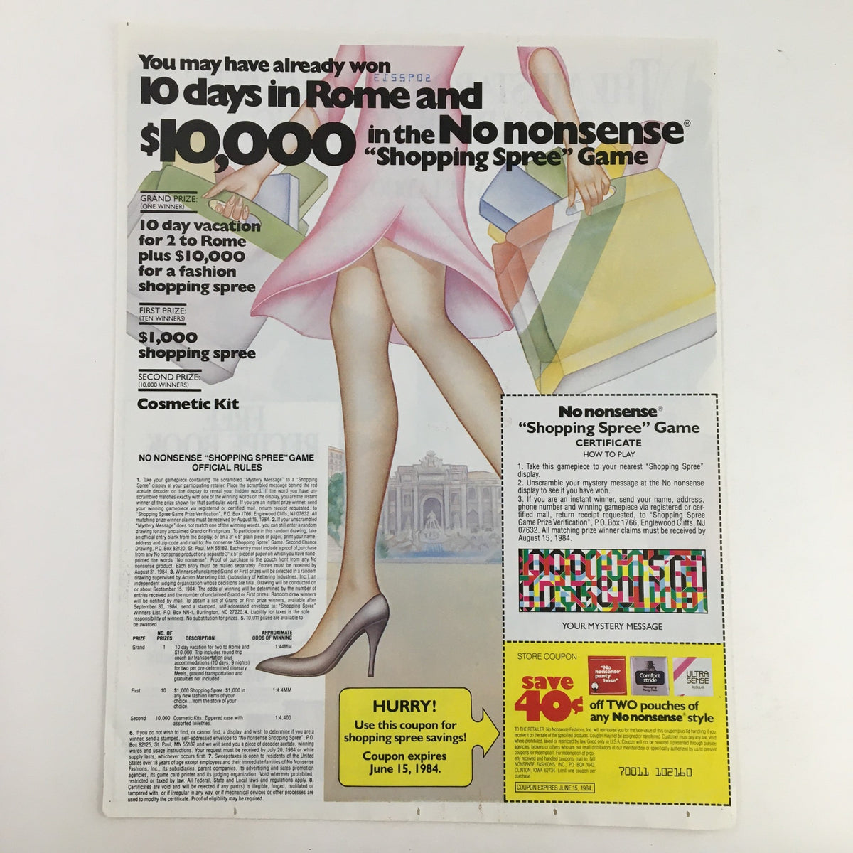 1984 promotional advertisement for a 'No Nonsense' Shopping Spree Game, highlighting a chance to win a vacation in Rome and a $1,000 shopping spree, with a stylish model holding shopping bags.