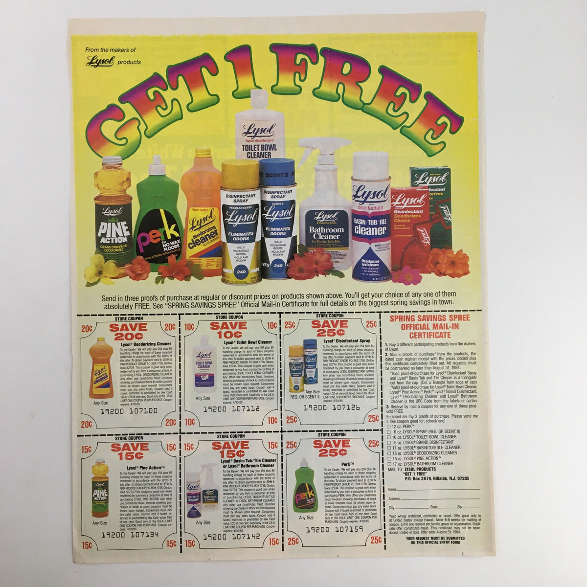 Lysol products advertisement with a promotion to get one item free. Shows various cleaning products with savings opportunities, promoting a Spring Savings Spree.