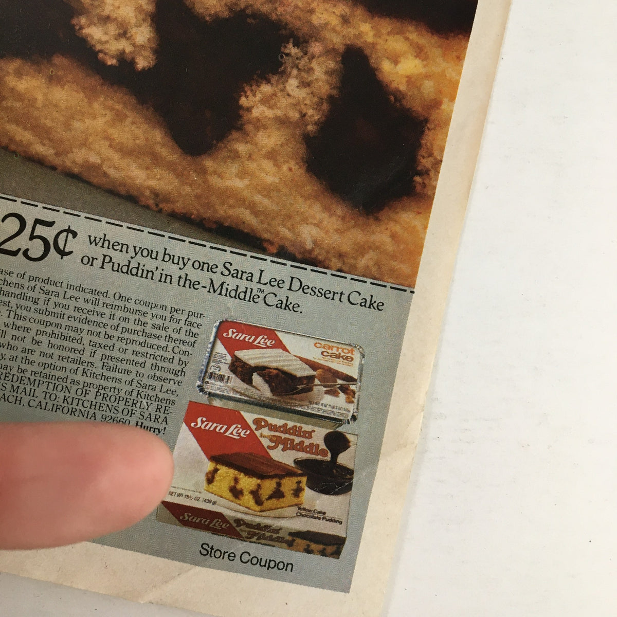 Close-up of the 1983 Sara Lee Cake or Danish Desserts Circular Coupon Advertisement highlighting the 25 cent savings coupon for Sara Lee dessert cakes.