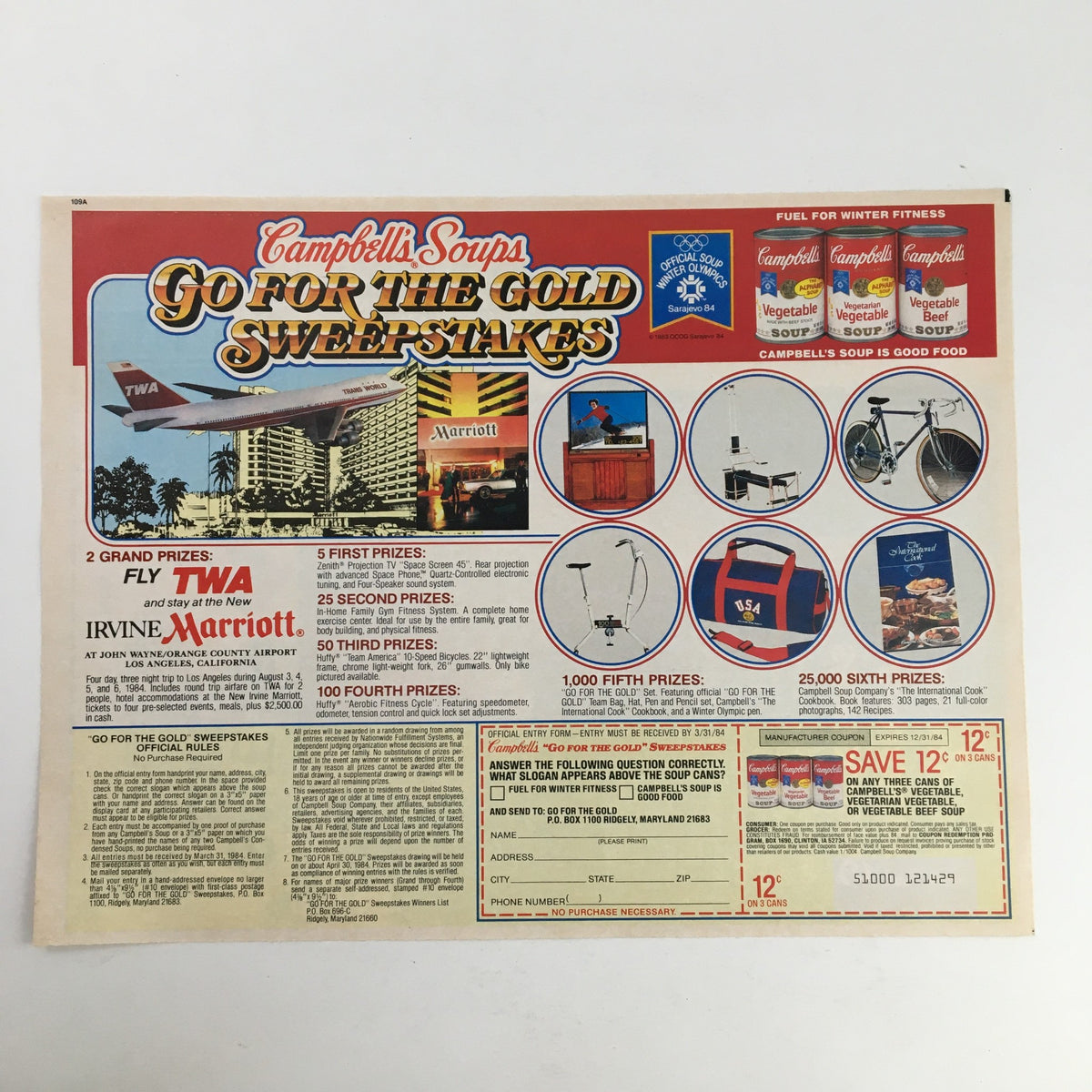 Campbell's Soups Go for the Gold Sweepstakes advertisement showcasing prizes including trips, bicycles, and cash, with promotional coupon savings featured.