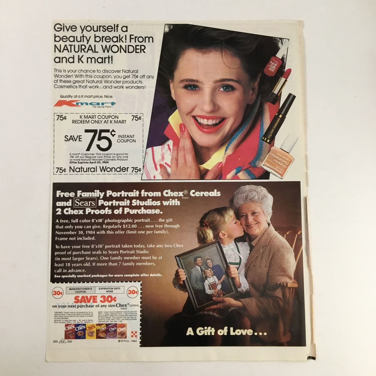1984 Peter Pan Creamy Peanut Butter Circular Coupon Advertisement featuring a smiling woman promoting beauty products, with a section for K Mart coupons and a family portrait offer from Chex Cereals.