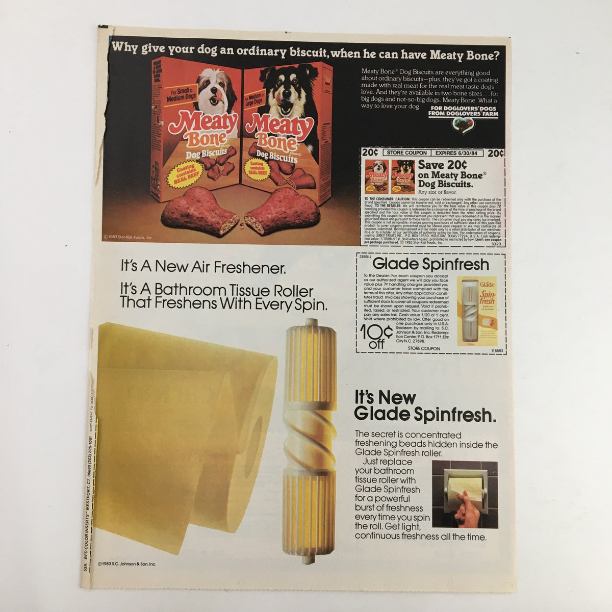 1983 Satin 100's Filter Circular Advertisement featuring Meaty Bone Dog Biscuits and Glade Spinfresh, showcasing product packaging and promotional offers.