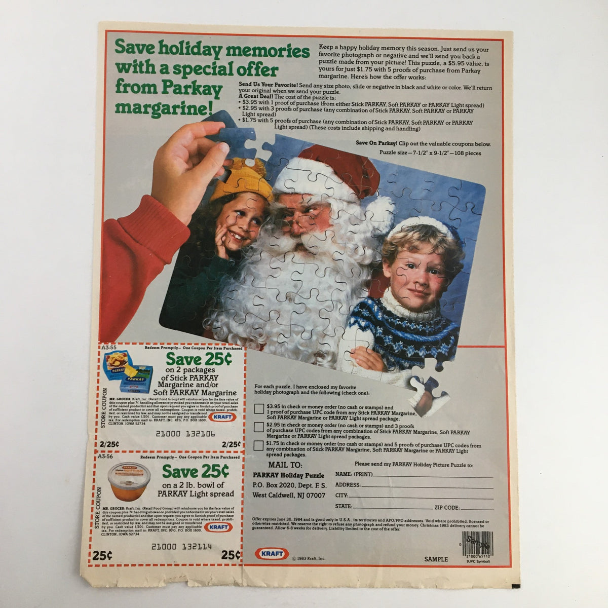 1983 Reese's Peanut Butter Chips Circular Coupon Advertisement showcasing a colorful holiday-themed offer from Parkay margarine, featuring children and Santa.