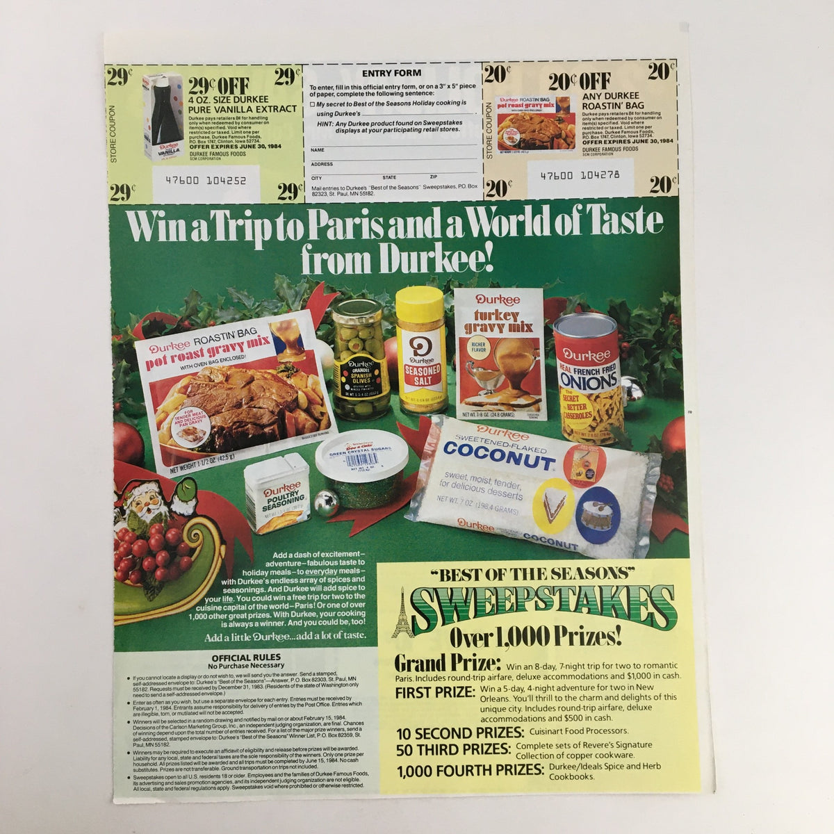 1984 Folger's Coffee Holiday Savings Circular Coupon Advertisement showcasing a contest entry for a trip to Paris and various Durkee products, emphasizing holiday savings and promotional offers.