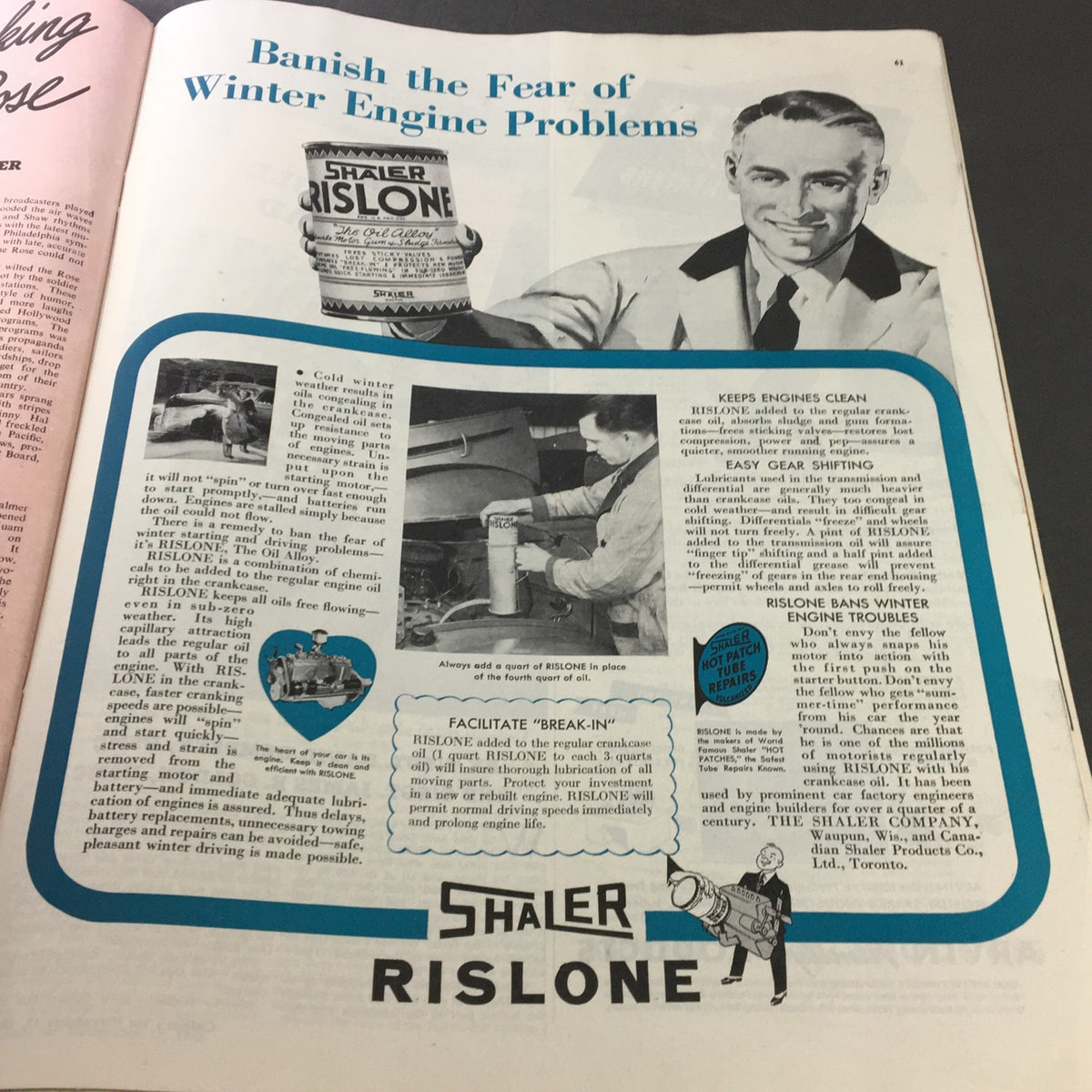 VTG Collier's Magazine November 17, 1945 - Advertisement for Shaler Risolone showcasing winter engine maintenance tips for vehicle owners.