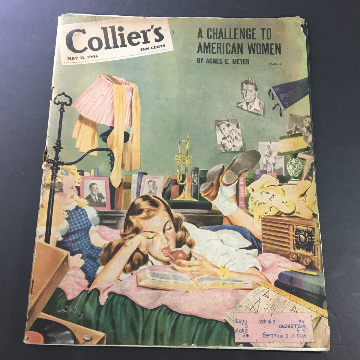 Cover of VTG Collier's Magazine from May 11, 1946, featuring the article 'A Challenge to American Women' by Agnes Meyer. The illustration shows a young woman reading on her bed surrounded by historical memorabilia and a vintage record player.