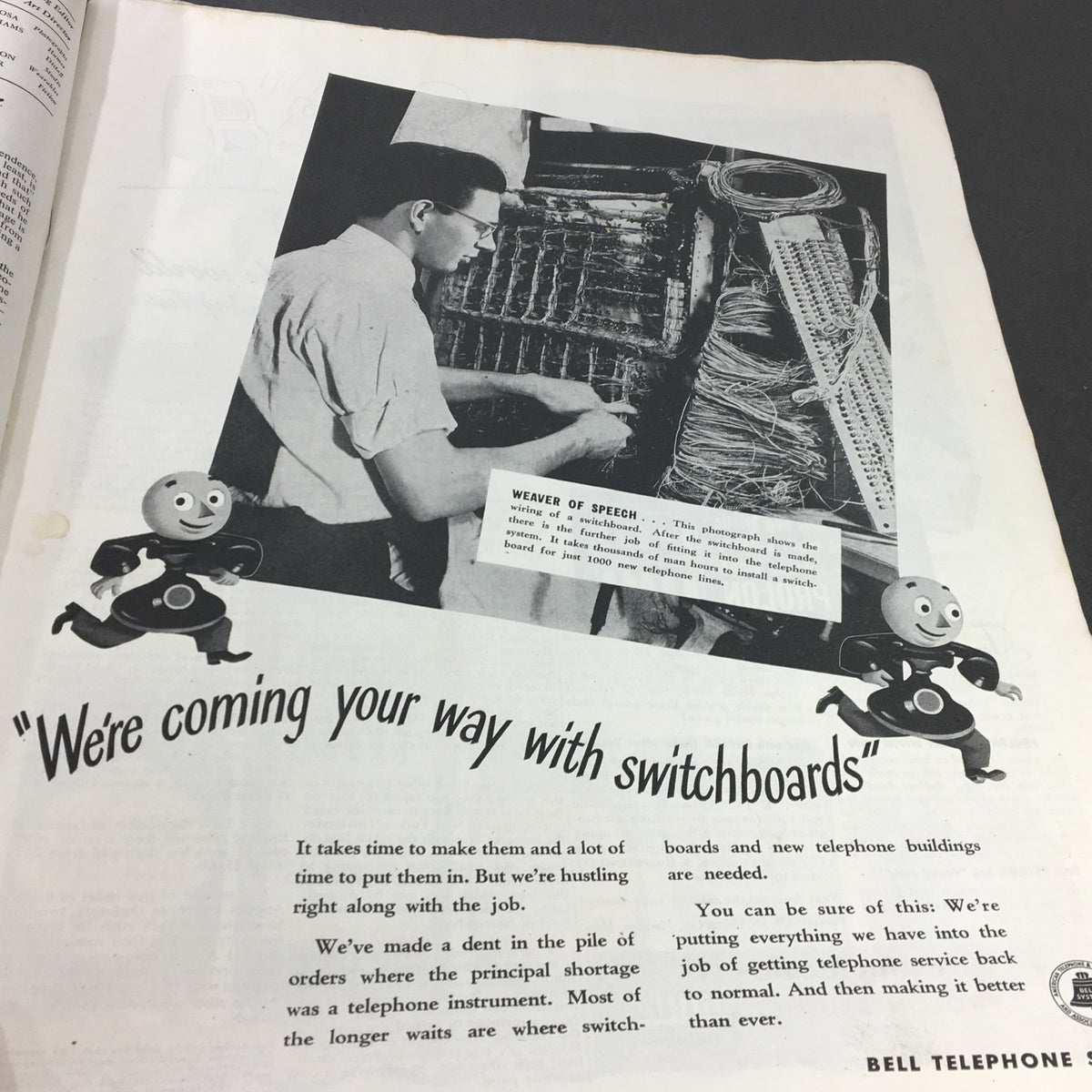 Advertisement page in VTG Collier's Magazine from May 11, 1946 showcasing a telephone switchboard with a vintage representation.
