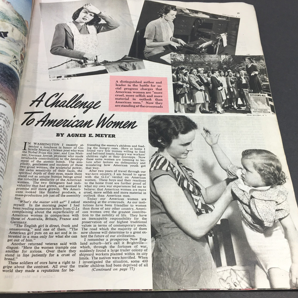 Feature article titled 'A Challenge To American Women' by Agnes E. Meyer, discussing the societal roles of women in post-war America, from VTG Collier's Magazine dated May 11, 1946.