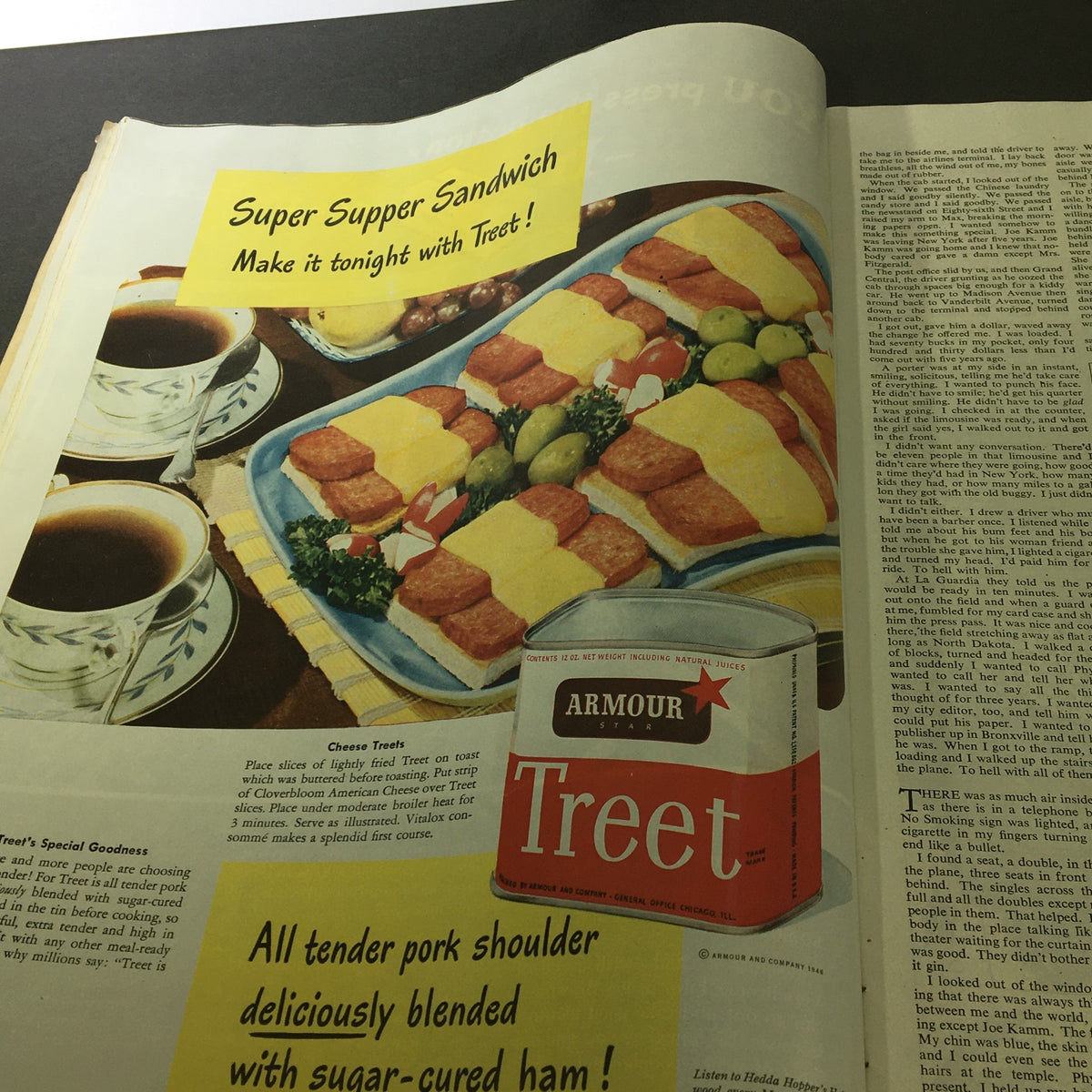Recipe advertisement in VTG Collier's Magazine dated May 11, 1946 for a 'Super Supper Sandwich' using Treet, with visuals of the dish.