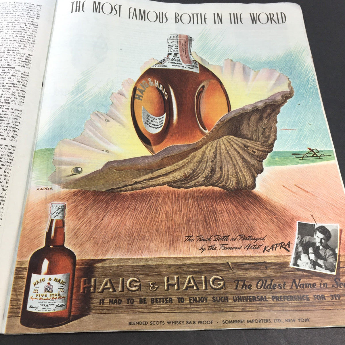 Vibrant advertisement in Collier's Magazine May 11 1946 promoting Haig & Haig whisky, illustrated with an artistic representation of a bottle in a shell.