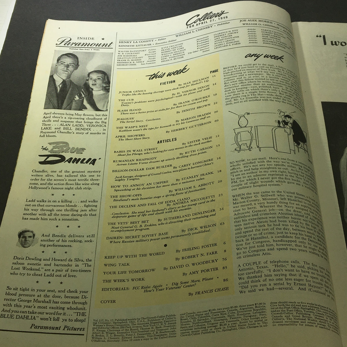 Interior page of VTG Collier's Magazine April 27 1946 showing the table of contents, with several articles including 'Babes in Wall Street' by Lester Velie.