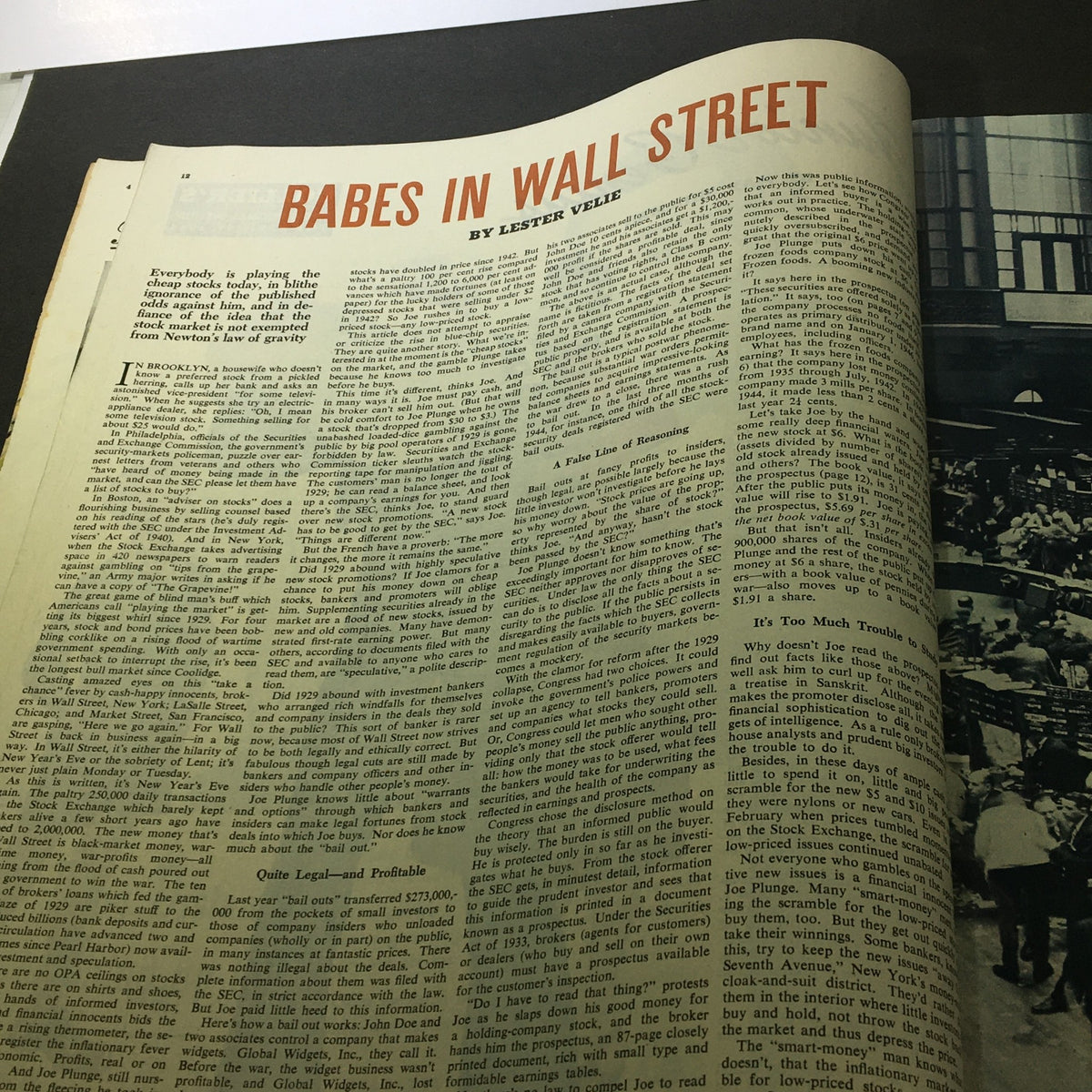 Page from VTG Collier's Magazine April 27 1946 featuring the article 'Babes in Wall Street' by Lester Velie, discussing stock trading and financial insights.