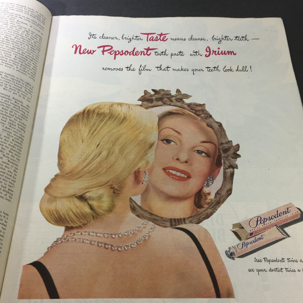 Retro advertisement for Pepsodent toothpaste featuring a glamorous woman admiring her reflection, from the April 27, 1946 Collier's Magazine.