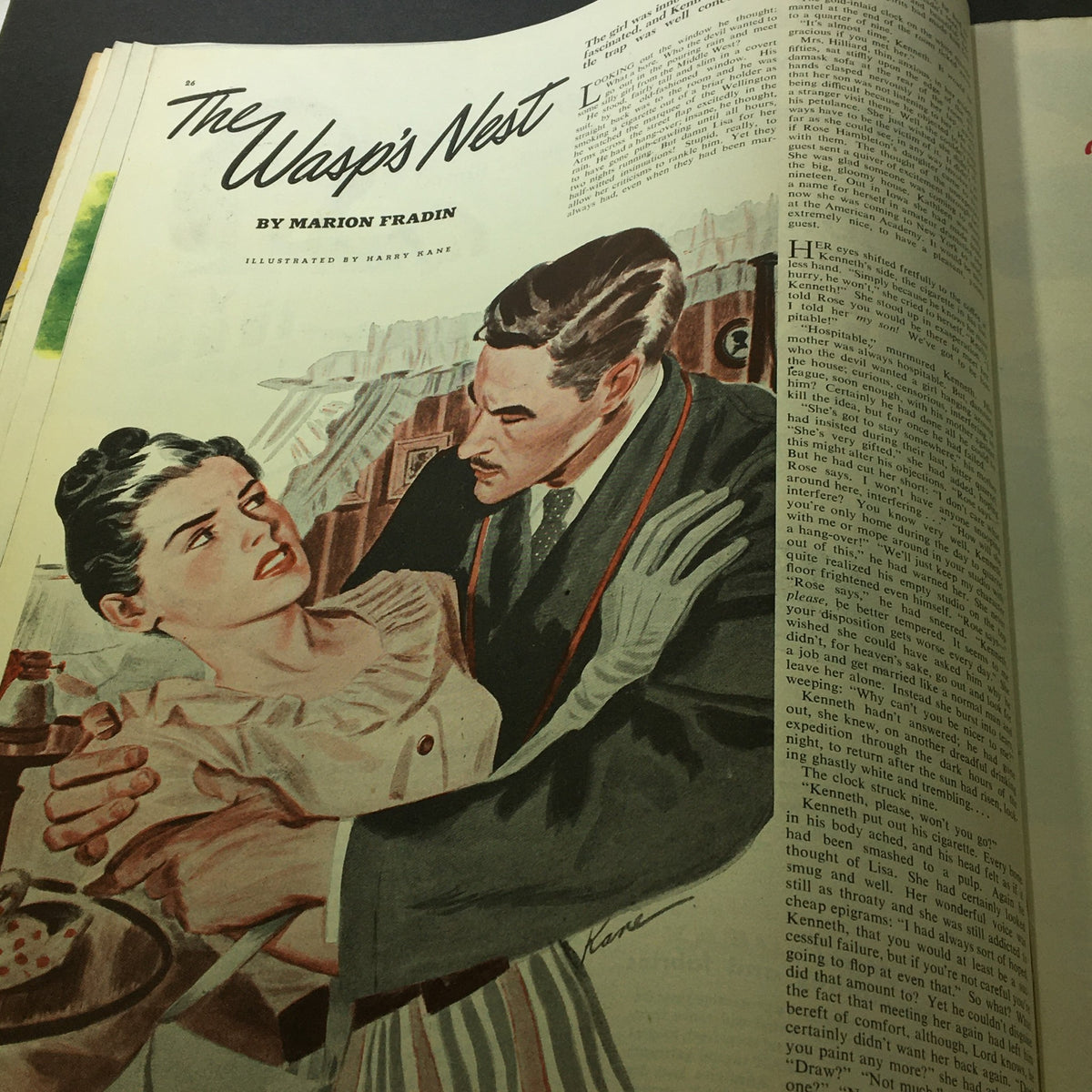 Illustration from the article 'The Wasp's Nest' by Marion Fradin, depicting a dramatic scene between two characters in Collier's Magazine, April 27, 1946.