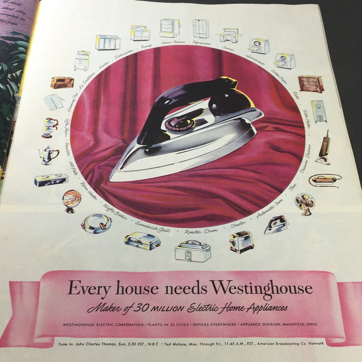 Vintage advertisement for Westinghouse appliances showcasing various household products including an iron, from the April 27, 1946 Collier's Magazine.