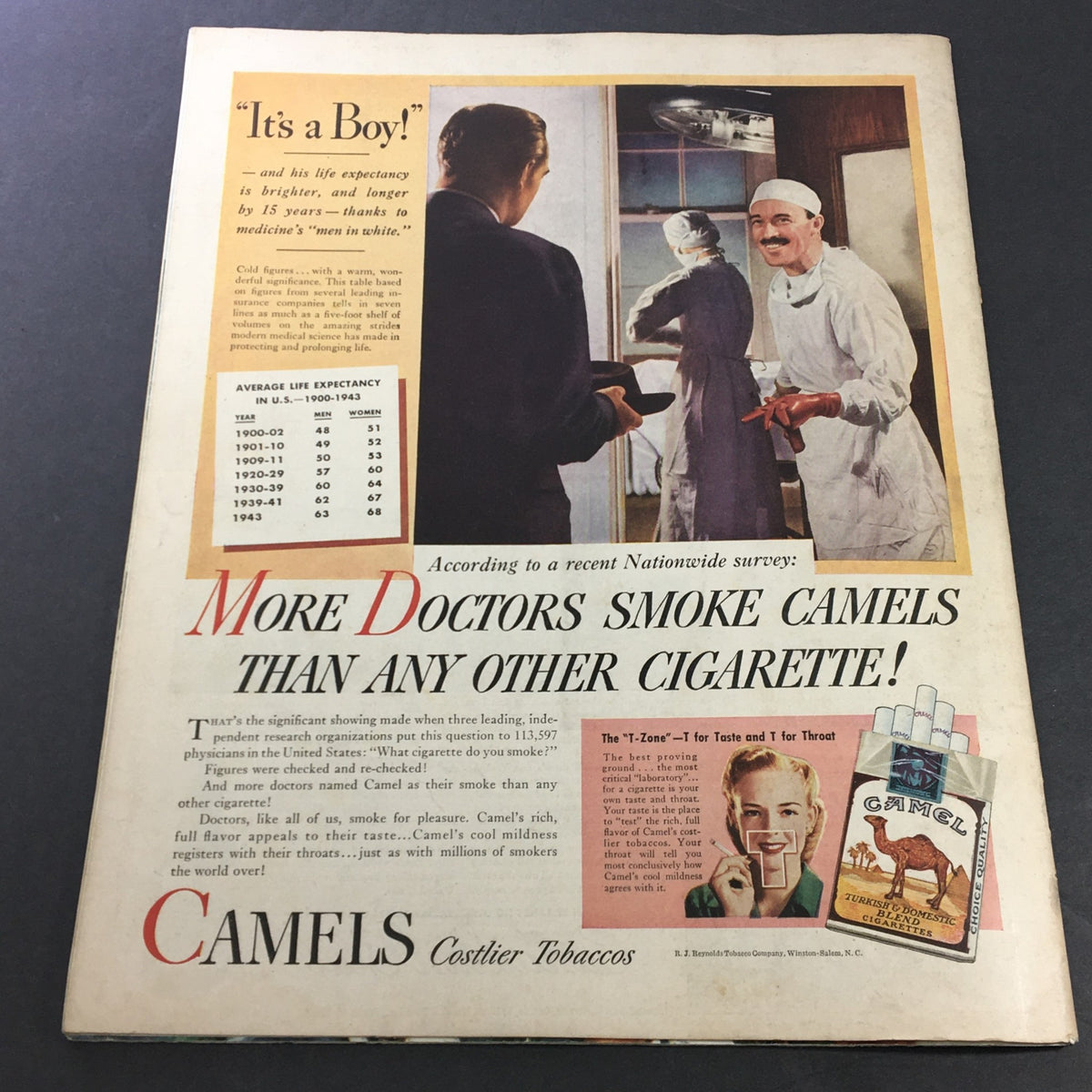 Vintage Camel cigarette advertisement from VTG Collier's Magazine April 27 1946, showcasing a doctor and a newborn, promoting that more doctors smoke Camels than any other cigarette.