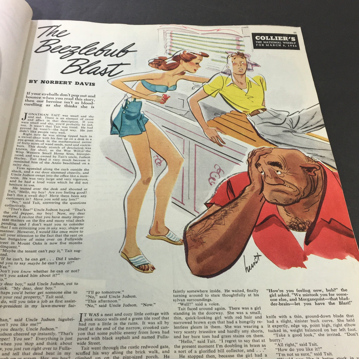 Another interior page of the VTG Collier's Magazine dated March 2, 1946, featuring the article 'The Beezlehub Blast' by Norbert Davis, accompanied by colorful illustrations.