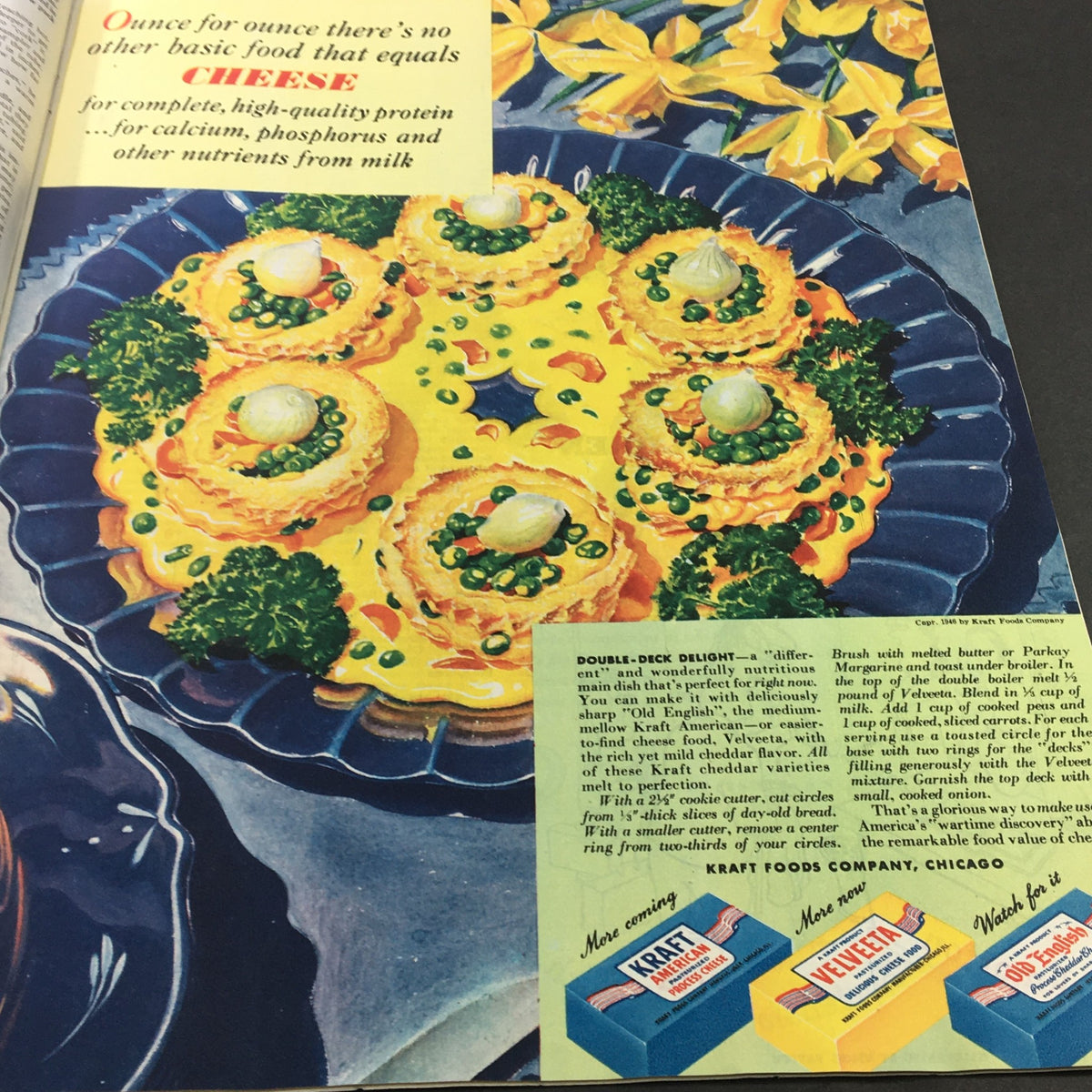 Vintage advertisement featuring a colorful cheese dish from Collier's Magazine dated March 2, 1946, highlighting the nutritional value of cheese and showcasing a recipe by Kraft Foods Company.