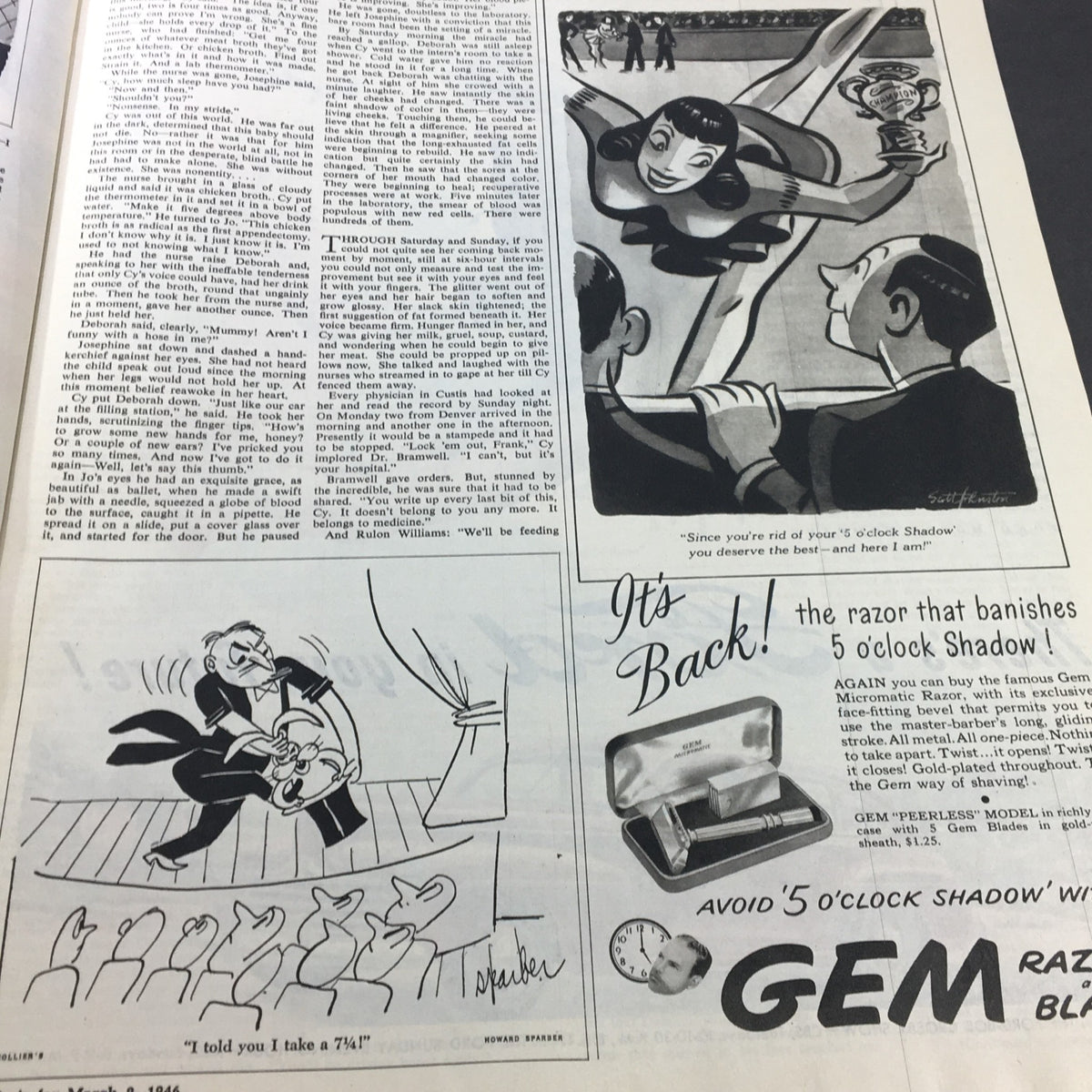 Article illustration from Collier's Magazine March 2, 1946, featuring an advertisement for a Gem razor, promoting it as the solution to 5 o'clock shadow, showcasing vintage grooming trends.