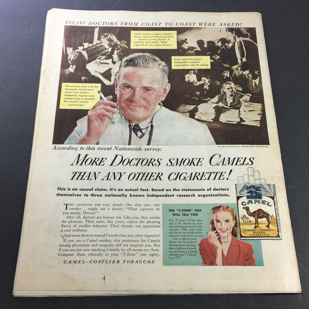 Advertisement from Collier's Magazine March 2, 1946, showing a doctor promoting Camel cigarettes, emphasizing a survey where more doctors preferred them over other brands, reflecting marketing strategies of the time.