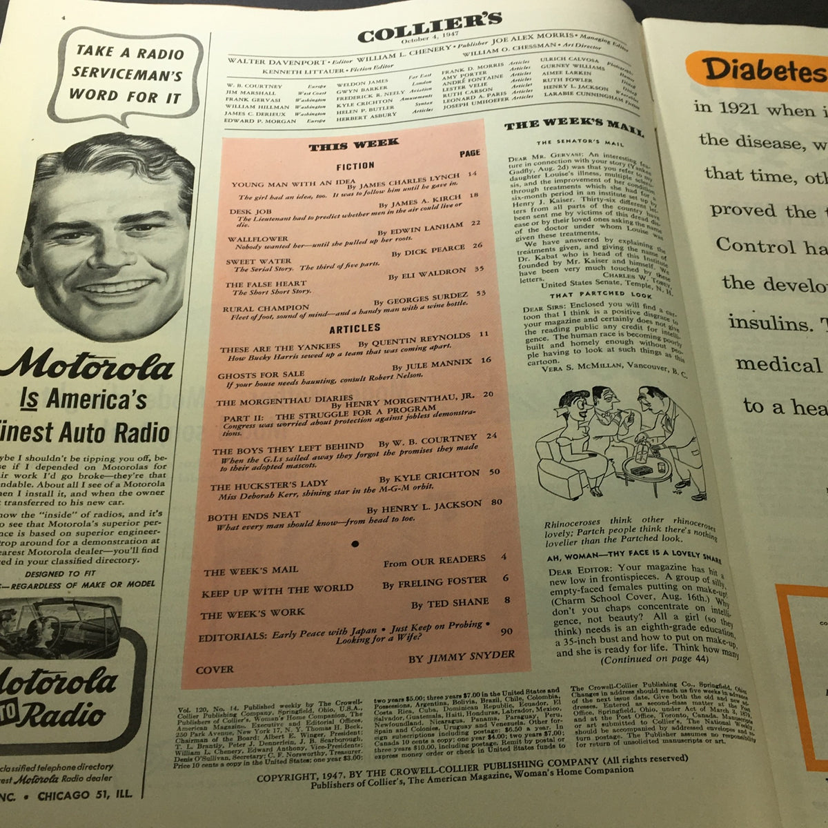 Page from VTG Collier's Magazine October 4 1947 displaying the table of contents with various articles and sections.
